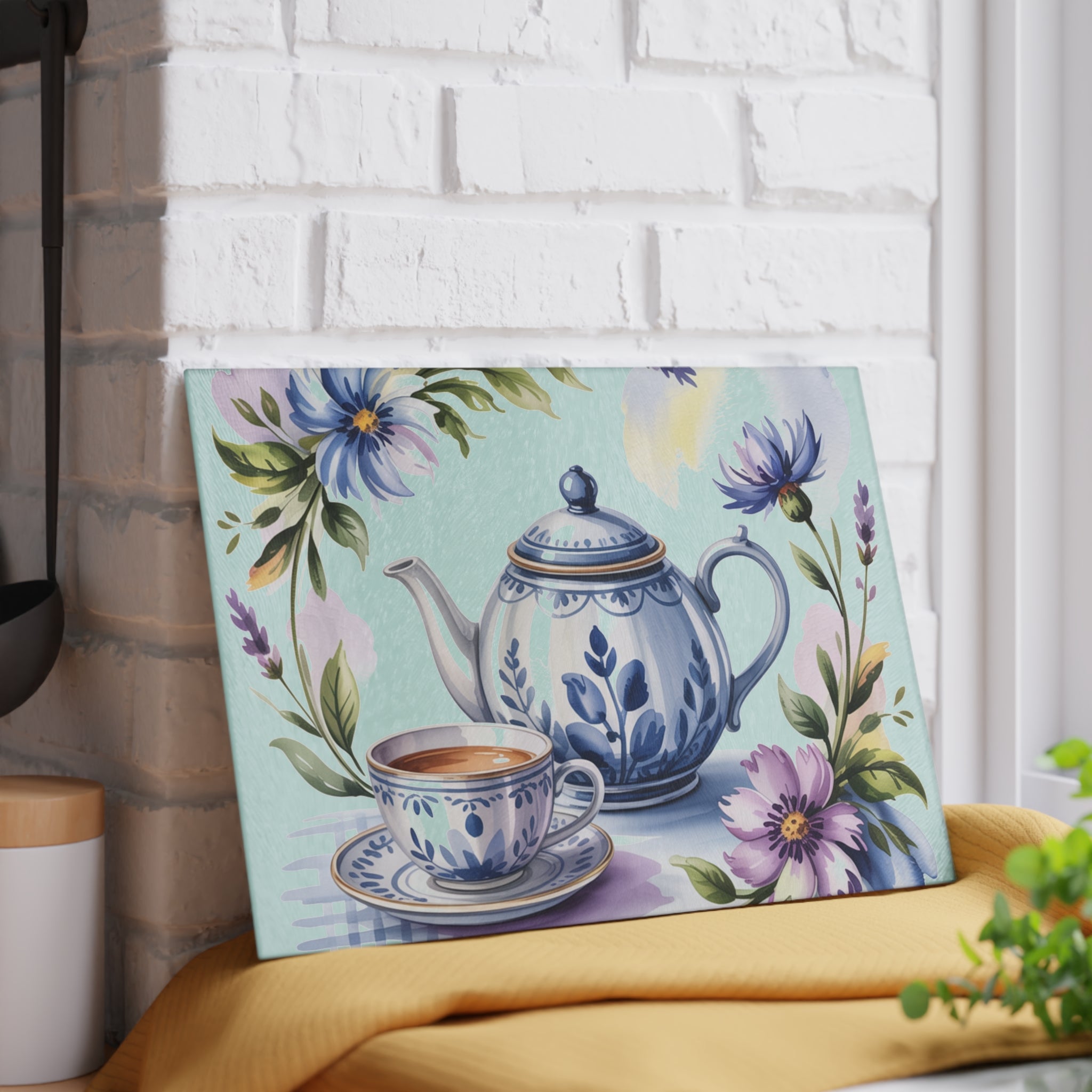 Blue Floral Teapot and Teacup Glass Cutting Board | Kitchen Decor