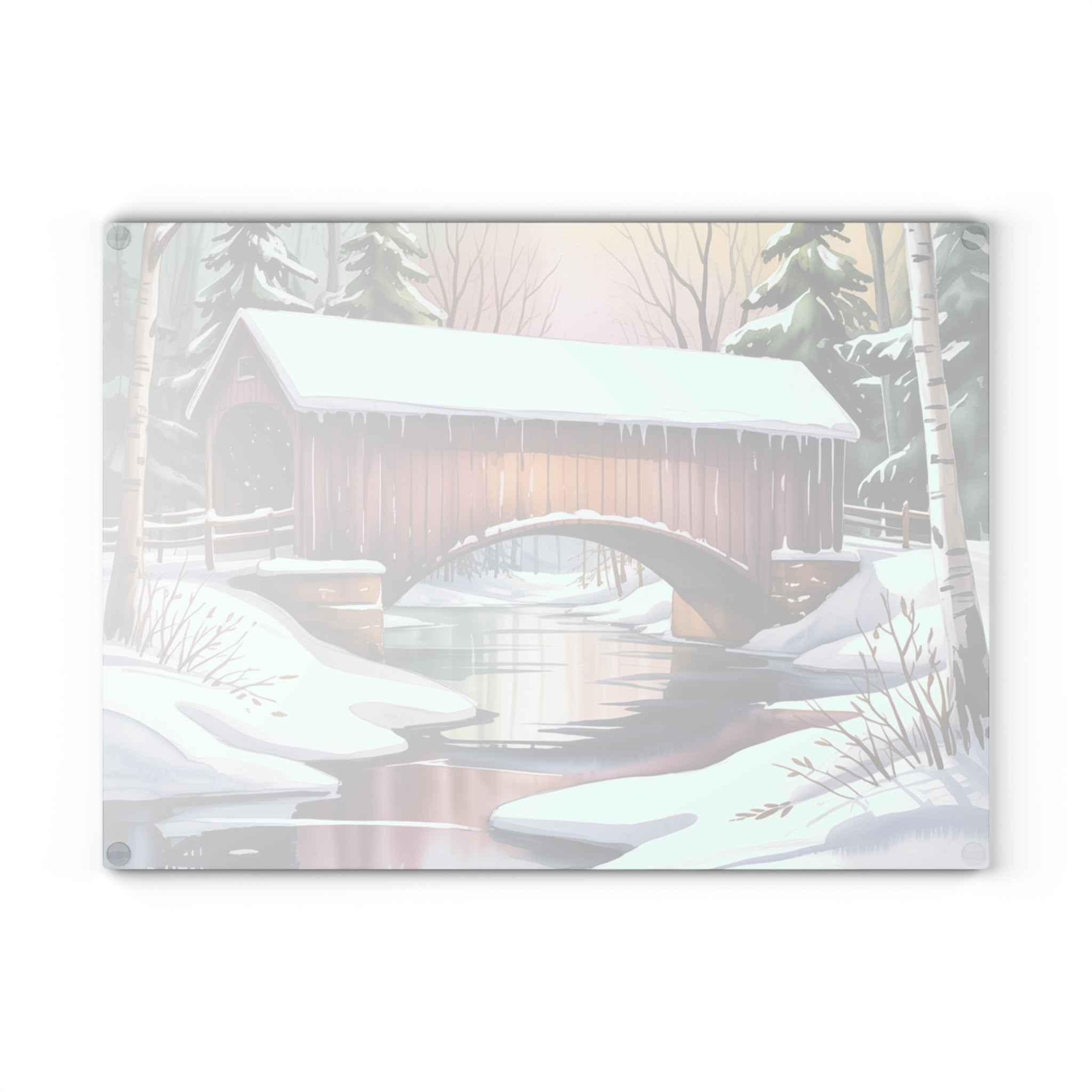 Covered Bridge Winter Scene Glass Cutting Board | Snowy Landscape