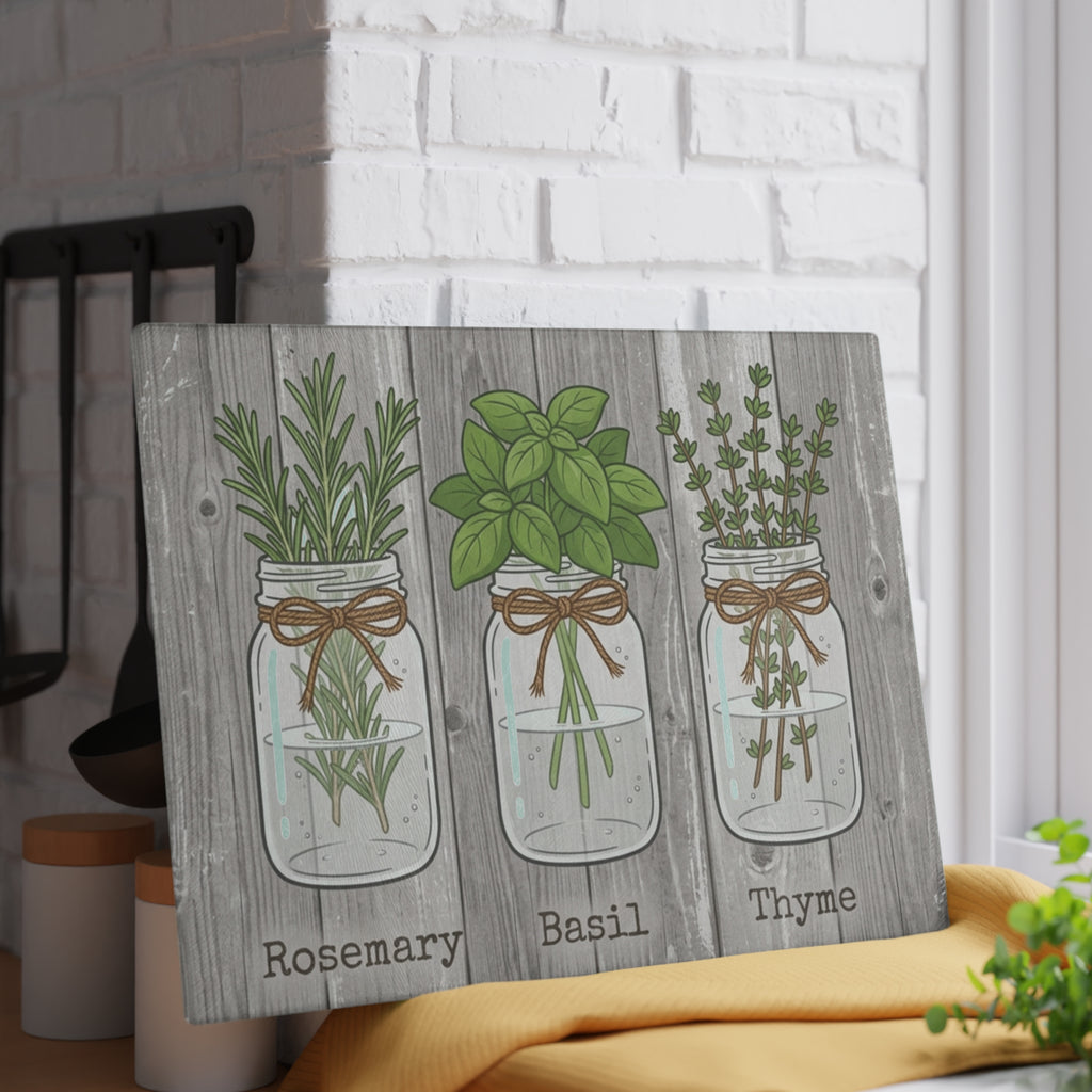 Mason Jar Herbs Rosemary Basil Thyme Glass Cutting Board | Kitchen Decor