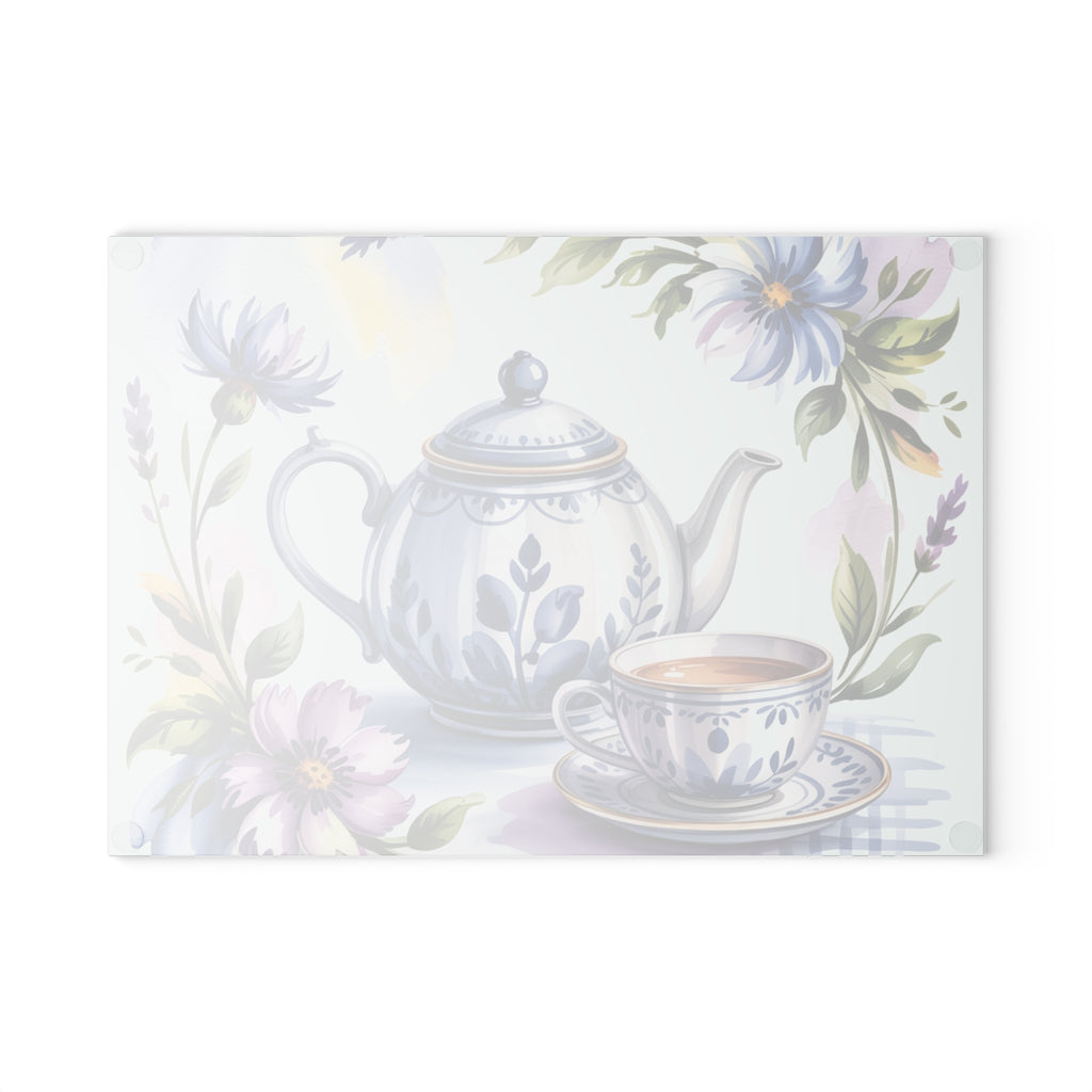 Blue Floral Teapot and Teacup Glass Cutting Board | Kitchen Decor