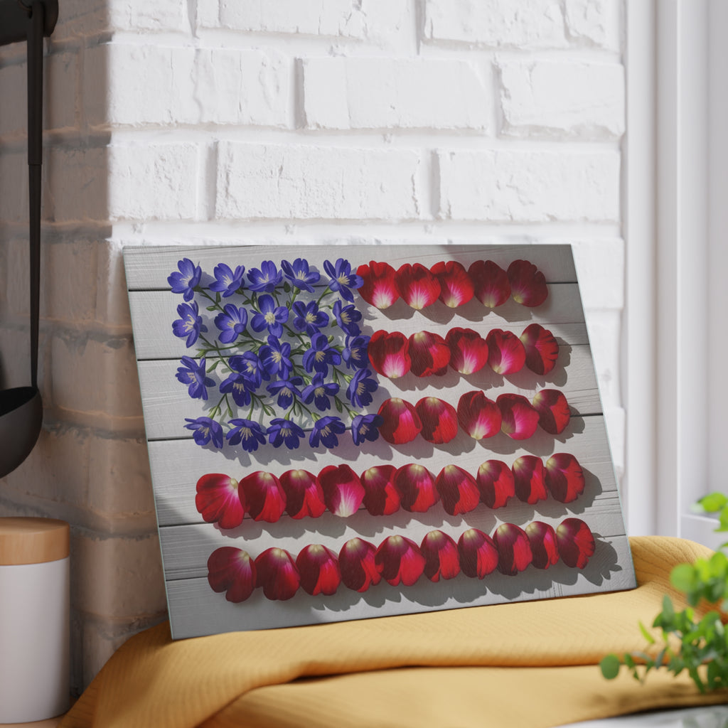 Floral American Flag Glass Cutting Board | Patriotic Kitchen Decor