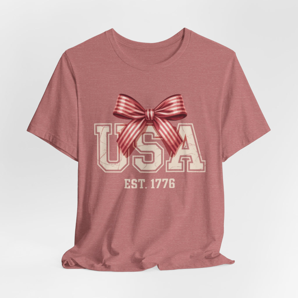 USA EST 1776 bow Fourth of July graphic Tee | Patriotic Fourth of July shirt