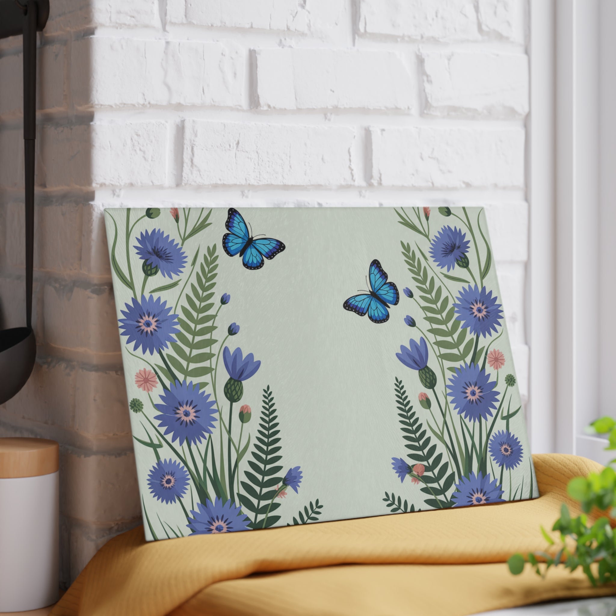 Blue Butterfly Floral Glass Cutting Board | Kitchen Decor