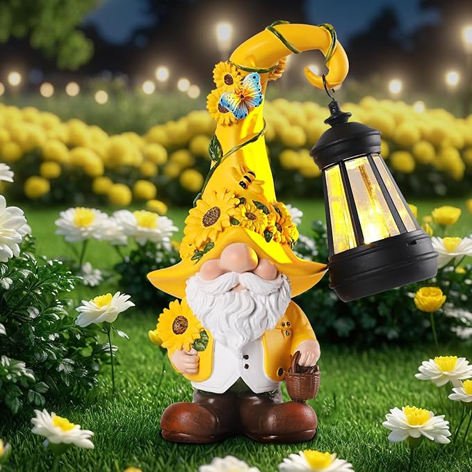 Solar Sunflower Gnome Statue with Lantern 9.1" | Garden Decor
