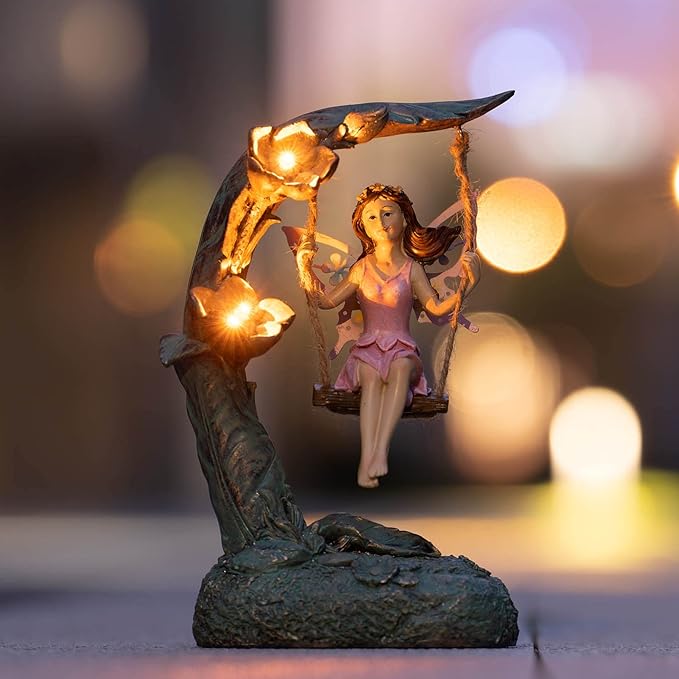Garden Flower Fairy Swing Statue 9" | Outdoor Lawn Ornament