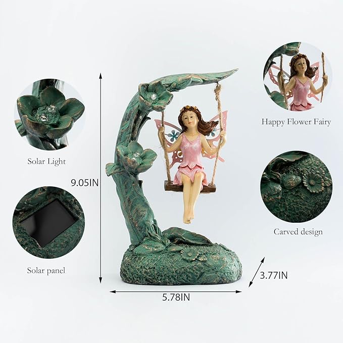 Garden Flower Fairy Swing Statue 9" | Outdoor Lawn Ornament