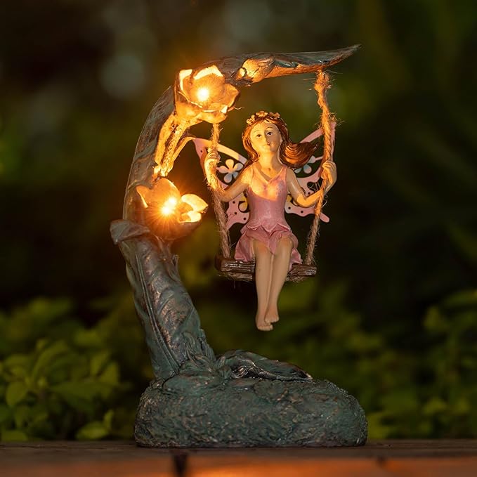 Garden Flower Fairy Swing Statue 9" | Outdoor Lawn Ornament