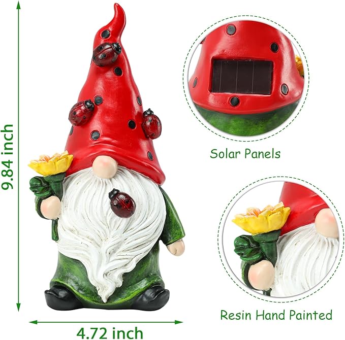 Garden Gnome Statue with Sunflower, Ladybug & Solar Lights