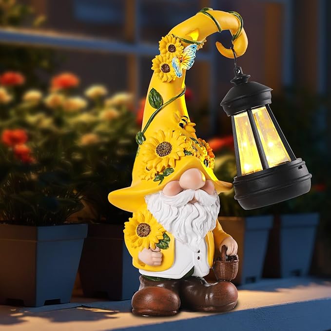 Solar Sunflower Gnome Statue with Lantern 9.1" | Garden Decor