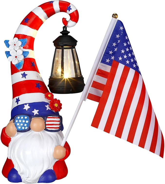 Patriotic 4th of July Solar Gnome Outdoor Figurine Light