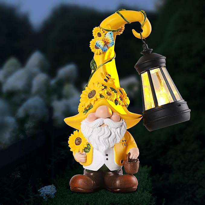 Solar Sunflower Gnome Statue with Lantern 9.1" | Garden Decor