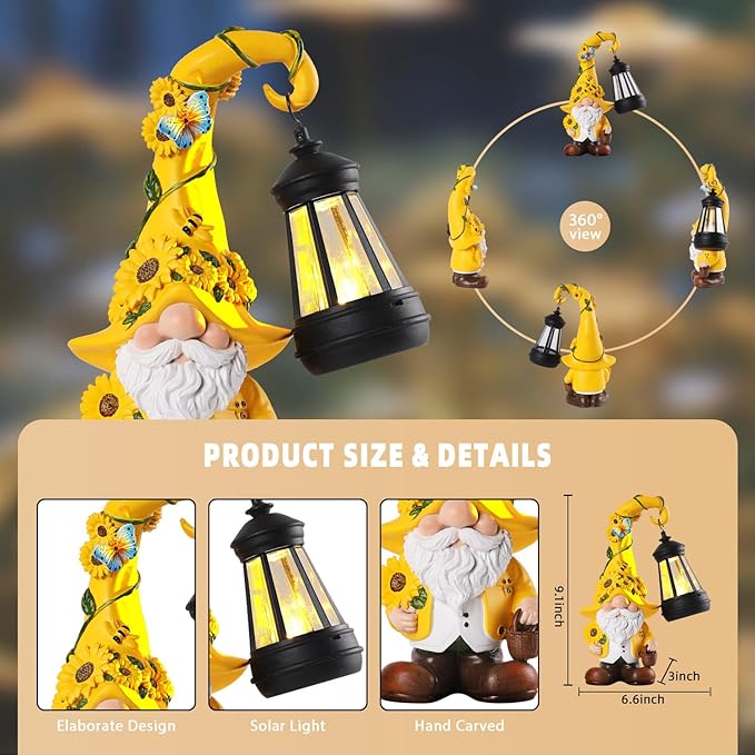 Solar Sunflower Gnome Statue with Lantern 9.1" | Garden Decor