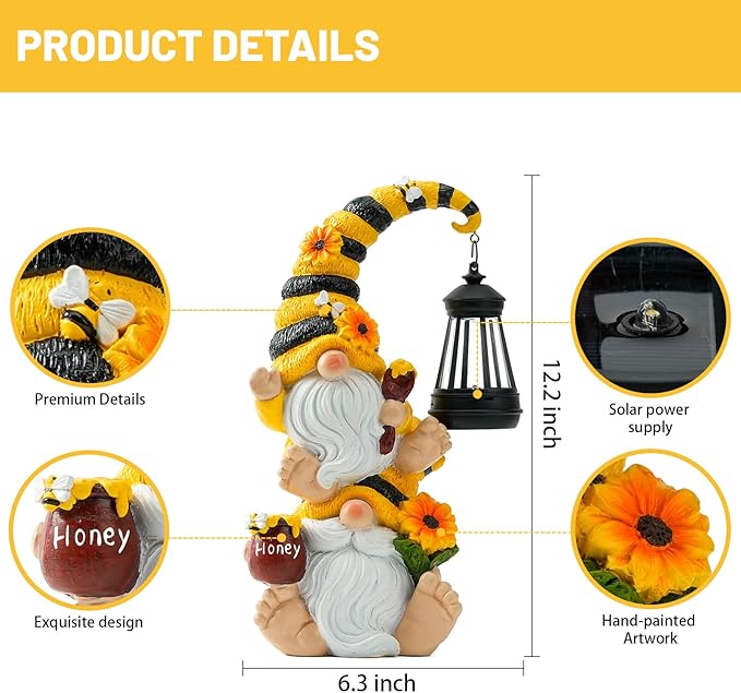 Solar Bee Garden Gnome with LED Lantern | Waterproof Outdoor Decor