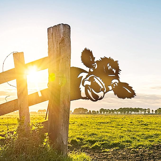 Peeping Cow Metal Garden Fence Decor