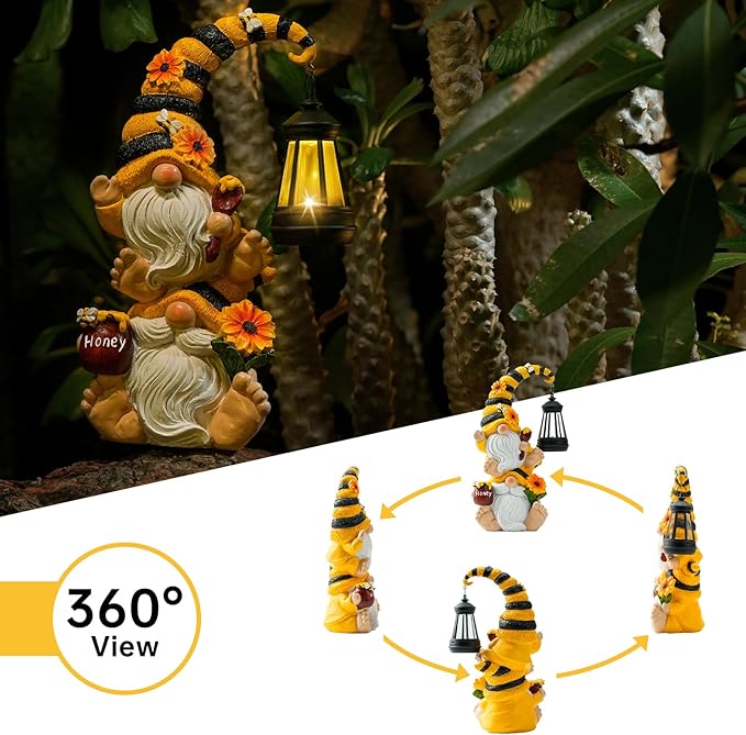 Solar Bee Garden Gnome with LED Lantern | Waterproof Outdoor Decor
