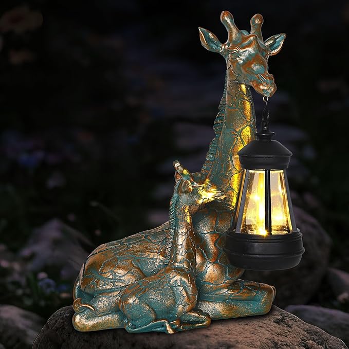 Solar Mother & Baby Giraffe Statue with Lantern 9.7"
