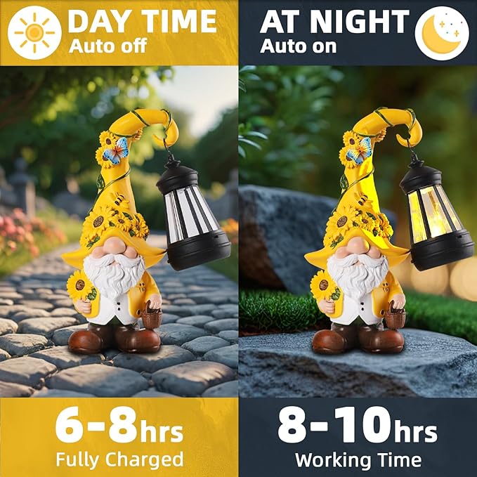 Solar Sunflower Gnome Statue with Lantern 9.1" | Garden Decor