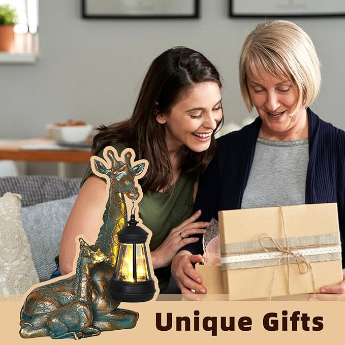Solar Mother & Baby Giraffe Statue with Lantern 9.7"