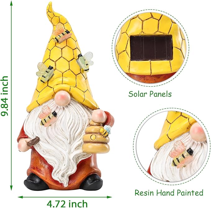 Garden Gnome Statue with Bee Solar Light