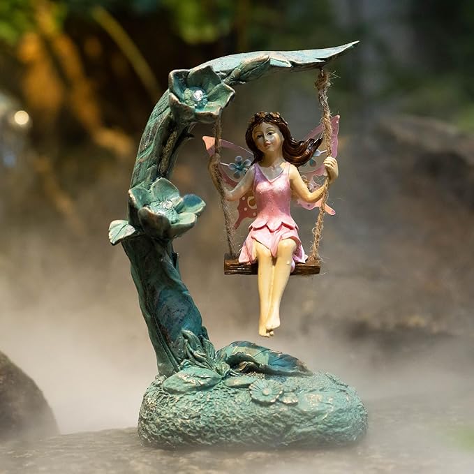 Garden Flower Fairy Swing Statue 9" | Outdoor Lawn Ornament