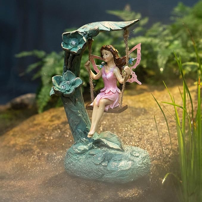 Garden Flower Fairy Swing Statue 9" | Outdoor Lawn Ornament