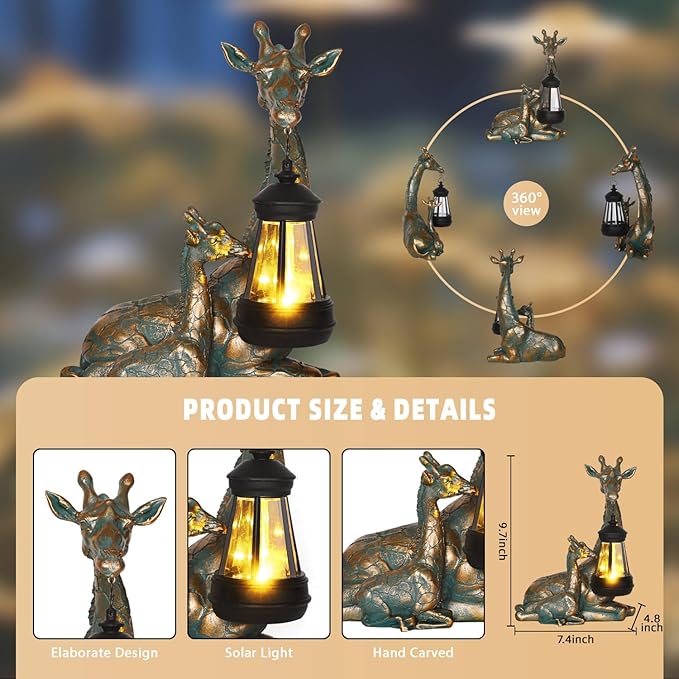 Solar Mother & Baby Giraffe Statue with Lantern 9.7"