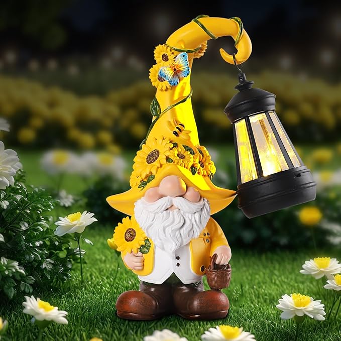 Solar Sunflower Gnome Statue with Lantern 9.1" | Garden Decor