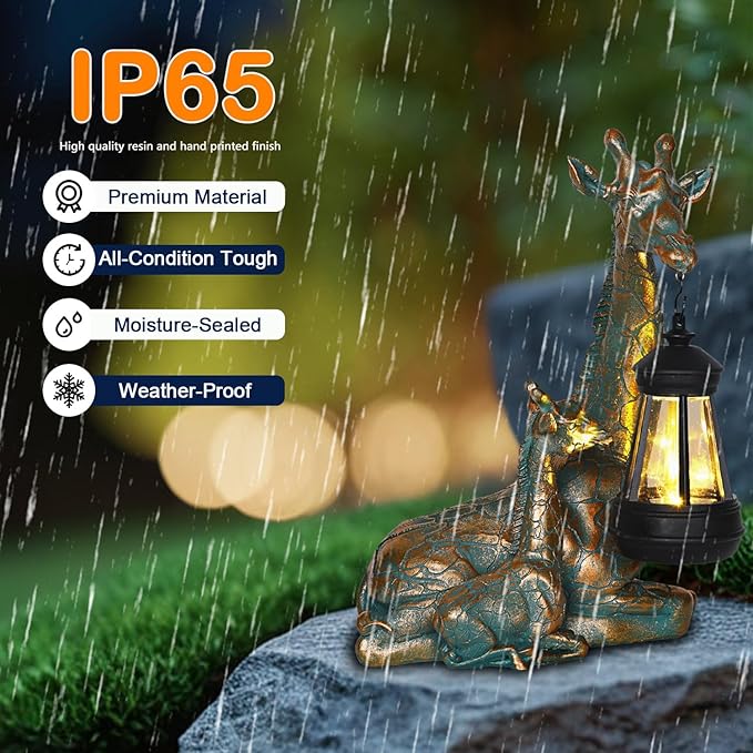 Solar Mother & Baby Giraffe Statue with Lantern 9.7"