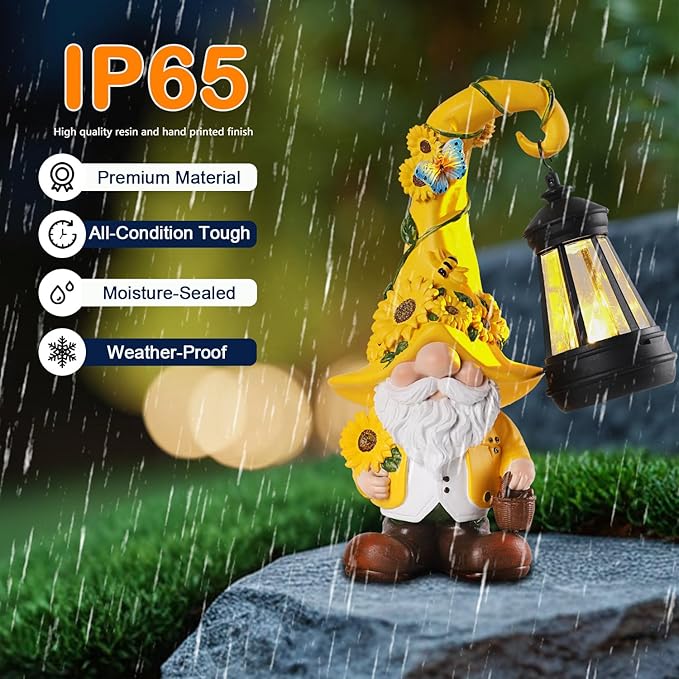 Solar Sunflower Gnome Statue with Lantern 9.1" | Garden Decor