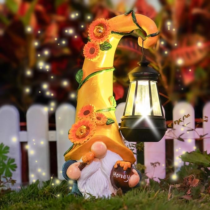 Solar Sunflower Gnome Garden Statue with LED Lantern