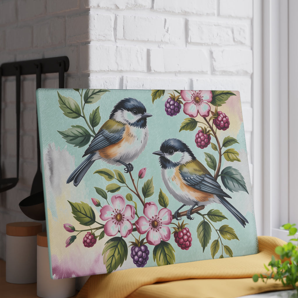 Songbird Illustration Glass Cutting Board | Birds & Berries