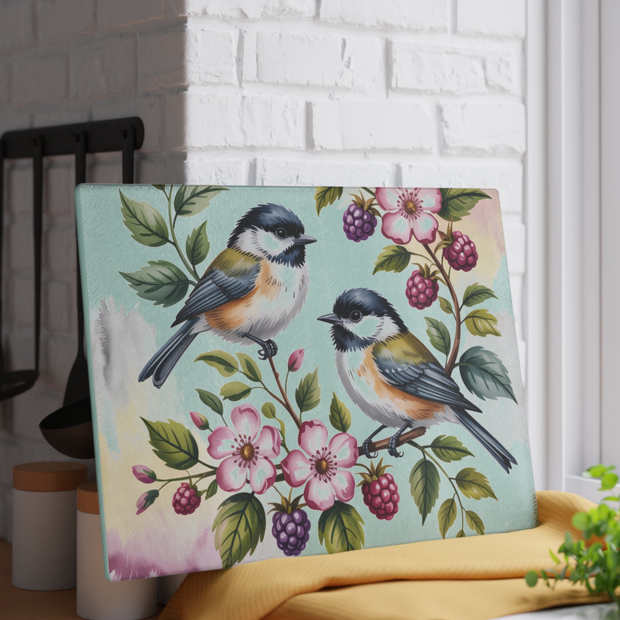 Songbird Illustration Glass Cutting Board | Birds & Berries