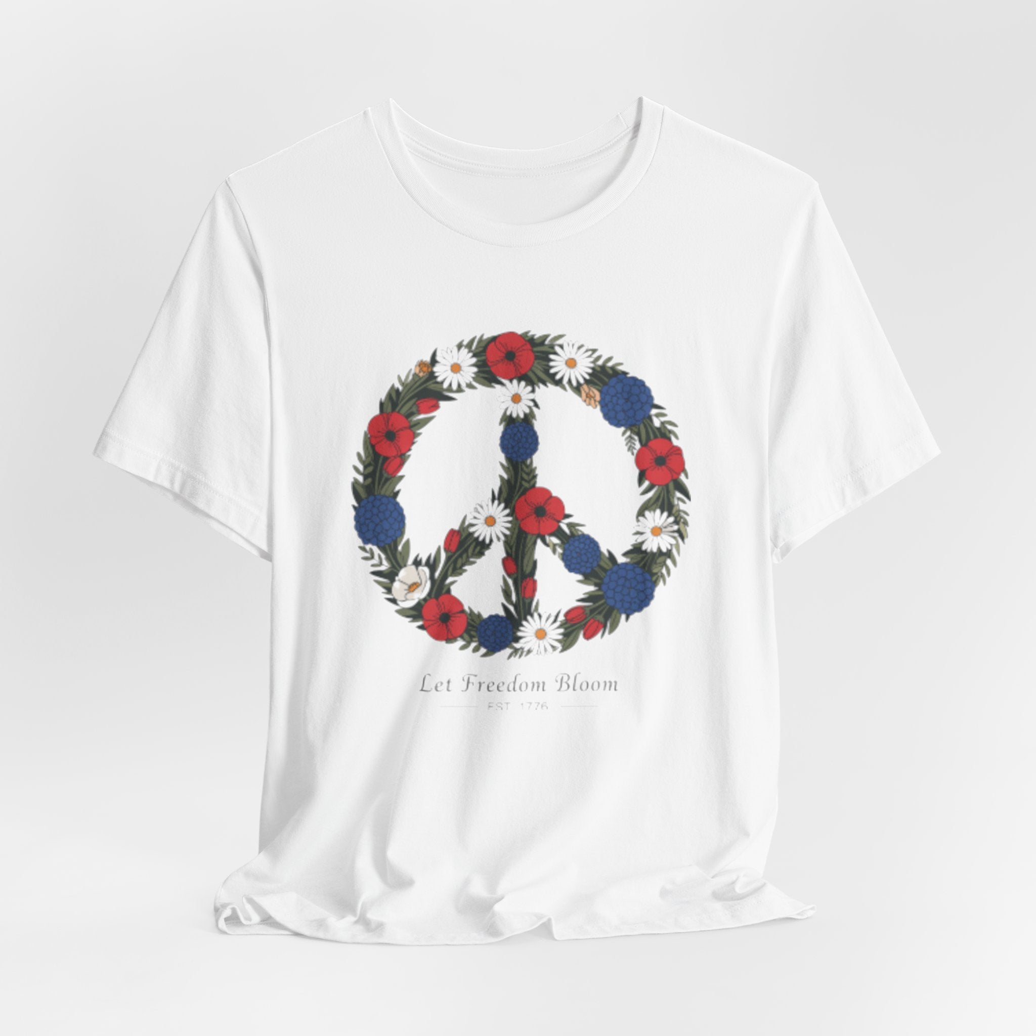 Floral Peace Sign Fourth of July T-Shirt | Red Blue flowers, Let Freedom Bloom