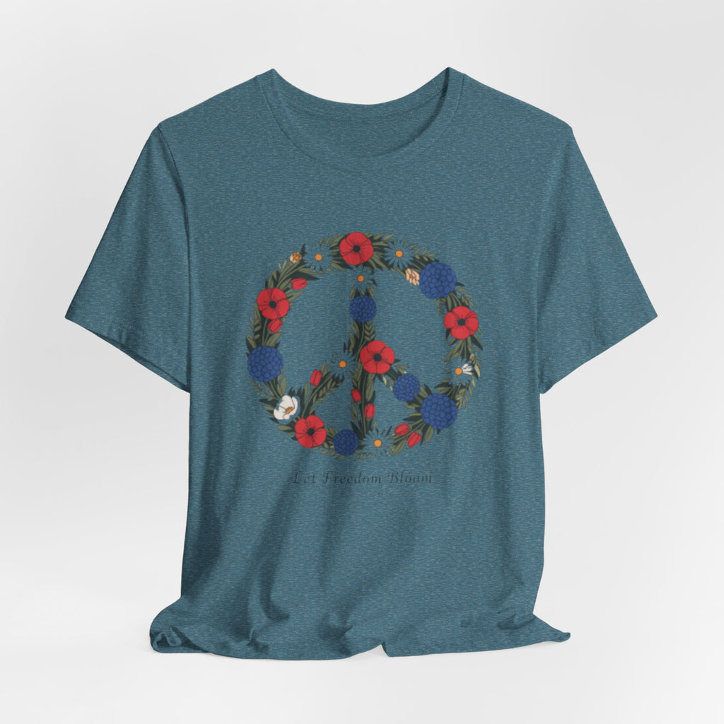 Floral Peace Sign Fourth of July T-Shirt | Red Blue flowers, Let Freedom Bloom