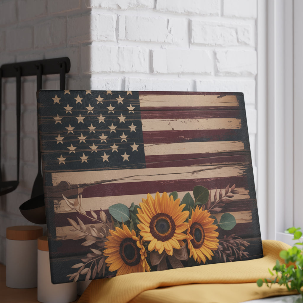 Sunflower American Flag Glass Cutting Board | Rustic Patriotic Kitchen