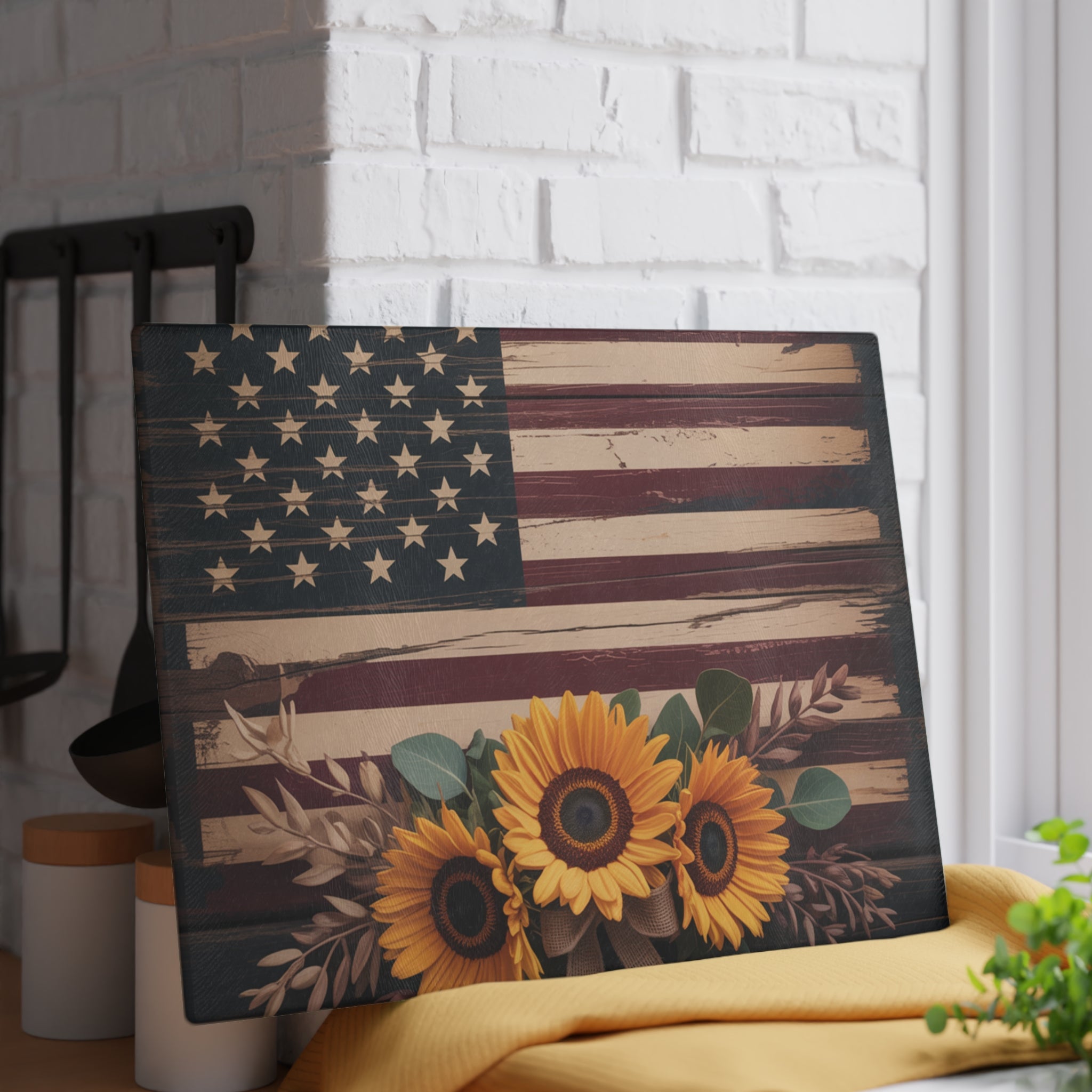 Sunflower American Flag Glass Cutting Board | Rustic Patriotic Kitchen