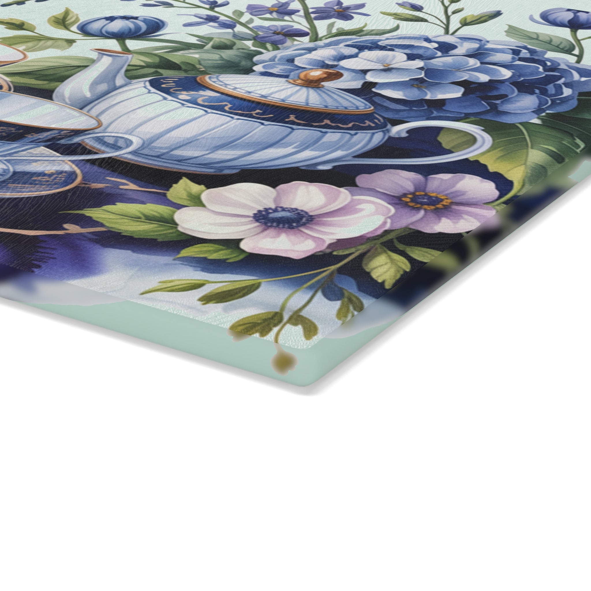 Vintage Blue Tea Set Glass Cutting Board | Floral Hydrangea Teacups