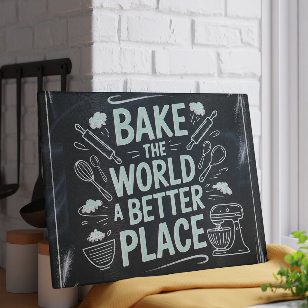 Bake the World a Better Place Glass Cutting Board | Baking Quote