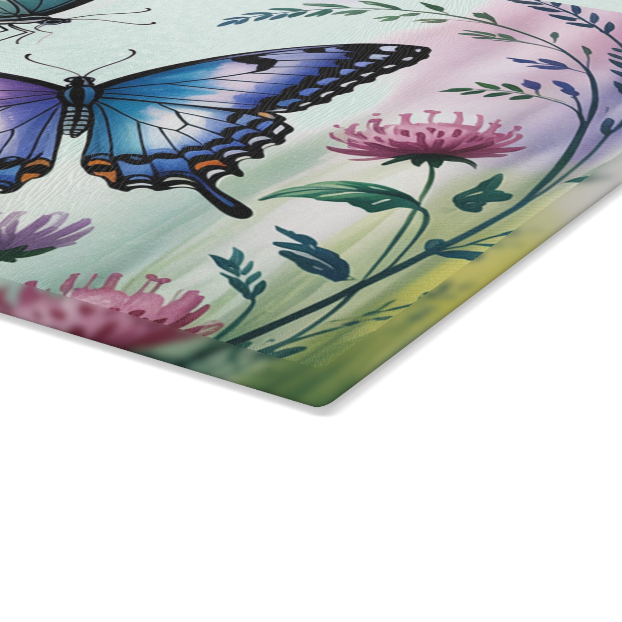 Blue Purple Butterflies Glass Cutting Board | Floral Meadow