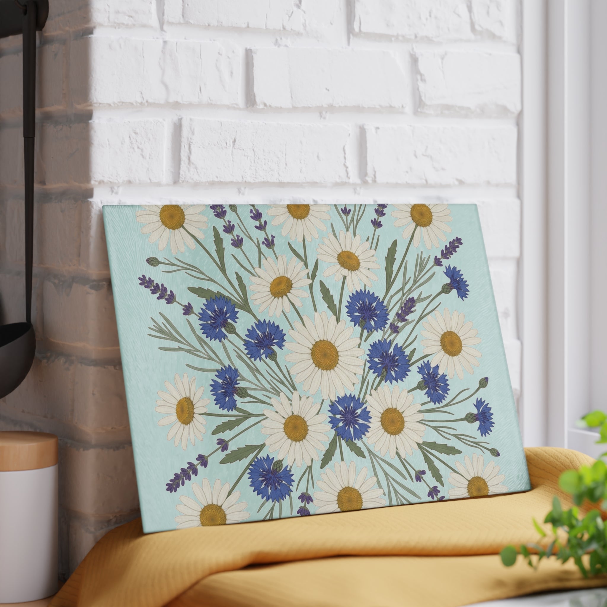 Daisy and Cornflower Vintage Bouquet Glass Cutting Board | Floral Kitchen Decor