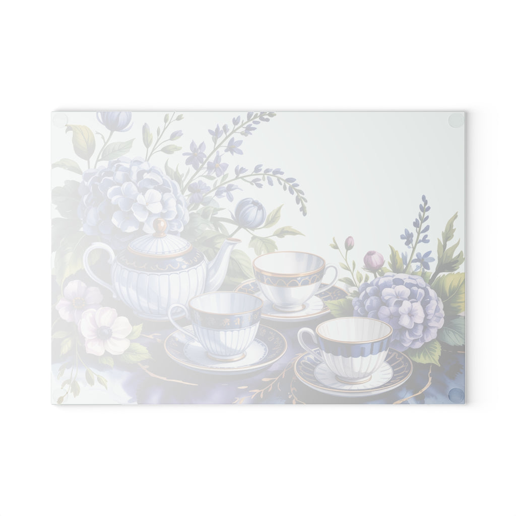 Vintage Blue Tea Set Glass Cutting Board | Floral Hydrangea Teacups