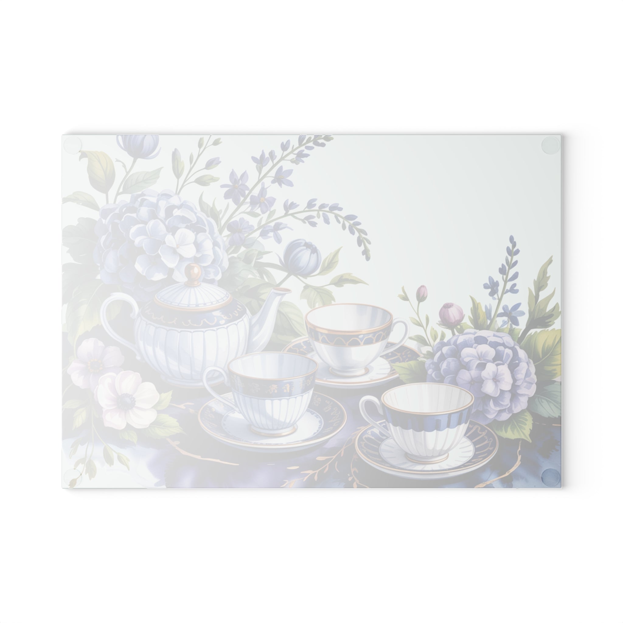 Vintage Blue Tea Set Glass Cutting Board | Floral Hydrangea Teacups