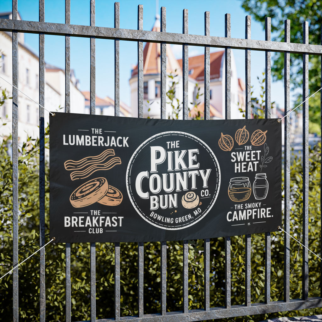 Vinyl Banner — The Pike County Bun Co. Logo & Breakfast Menu Outdoor Sign