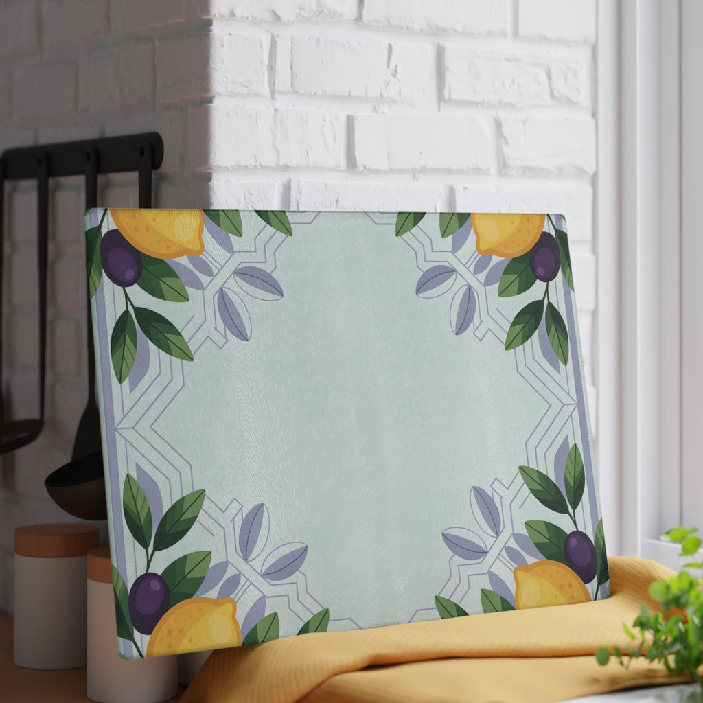 Lemon Olive Border Glass Cutting Board | Decorative Kitchen Chopping Board