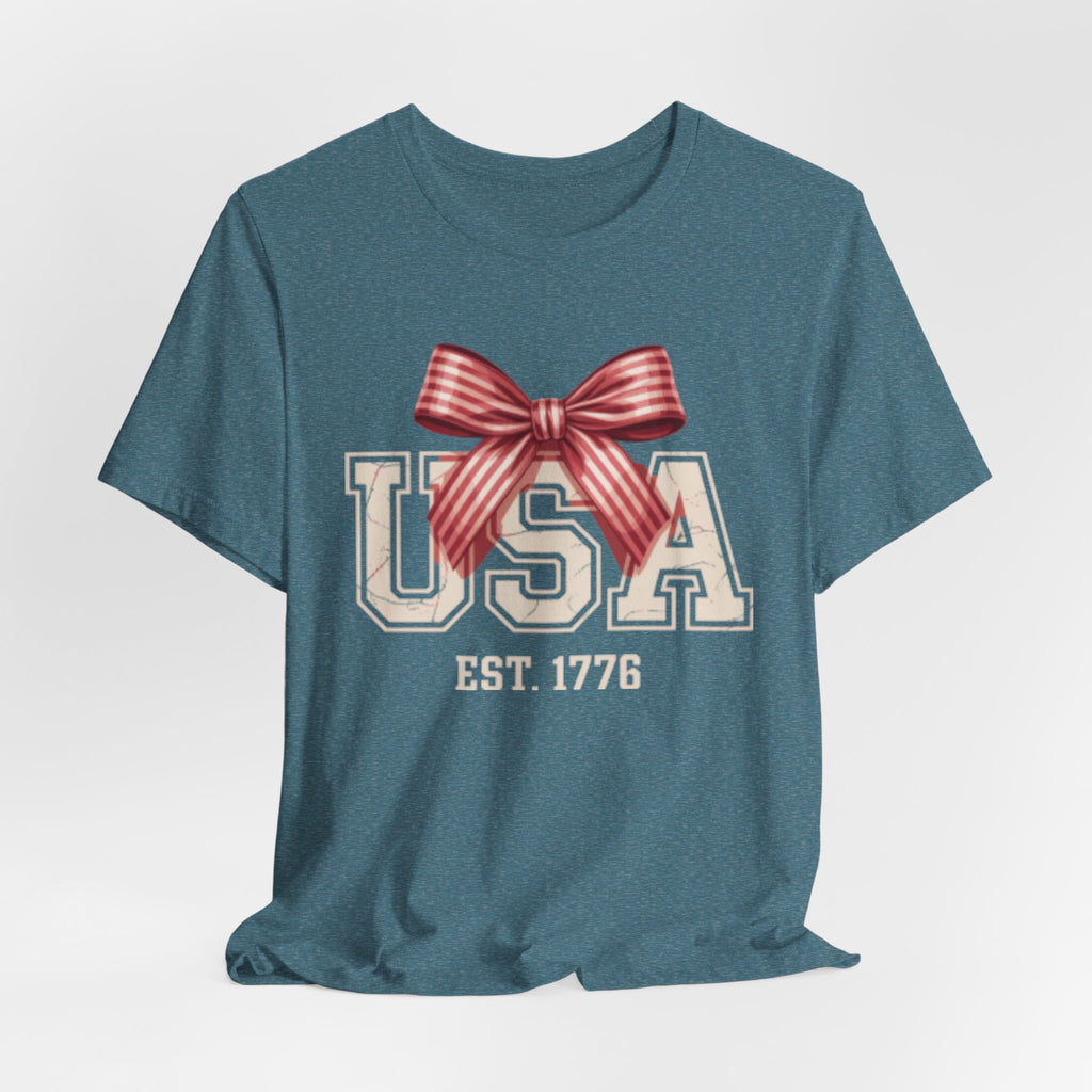 USA EST 1776 bow Fourth of July graphic Tee | Patriotic Fourth of July shirt
