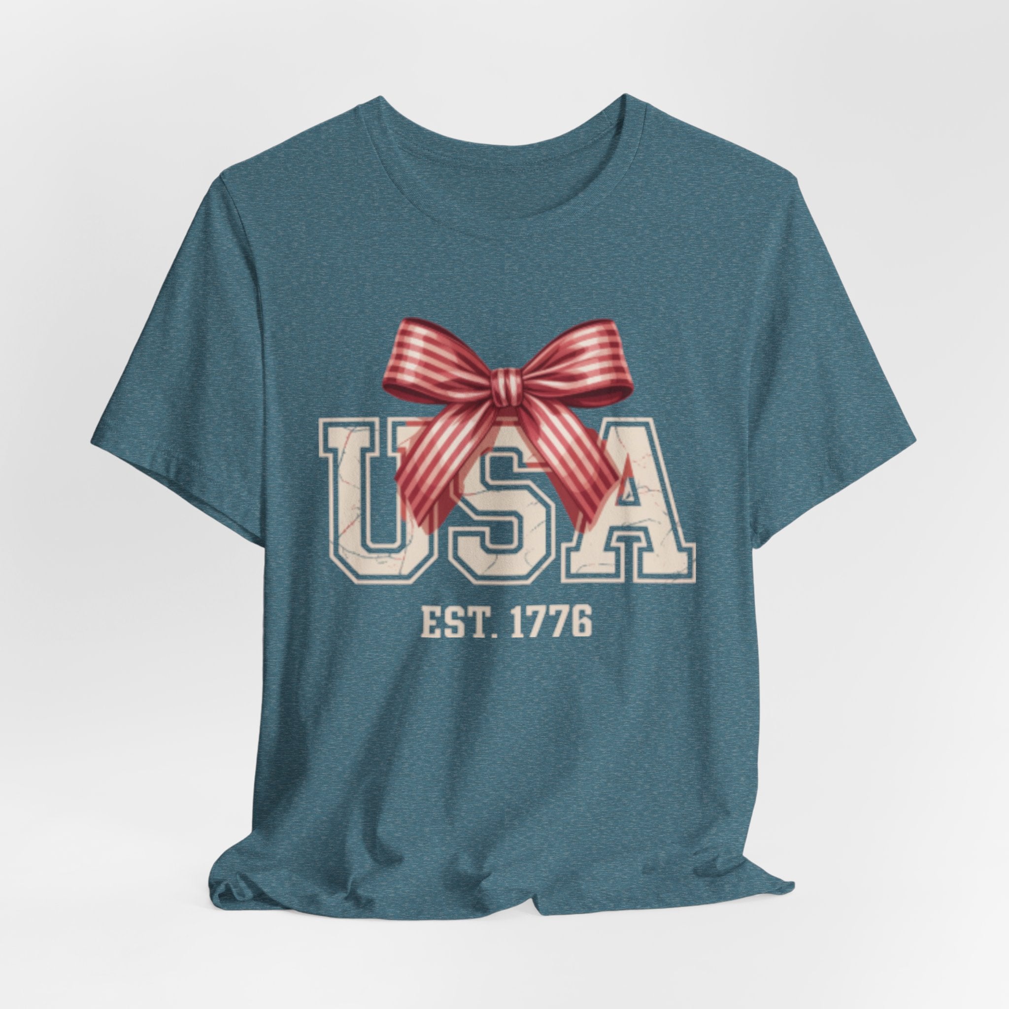 USA EST 1776 bow Fourth of July graphic Tee | Patriotic Fourth of July shirt