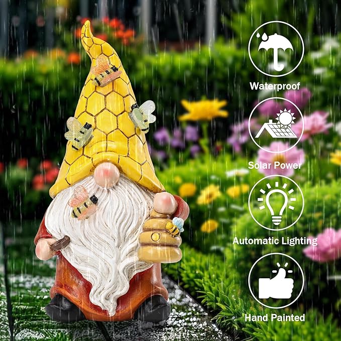 Garden Gnome Statue with Bee Solar Light
