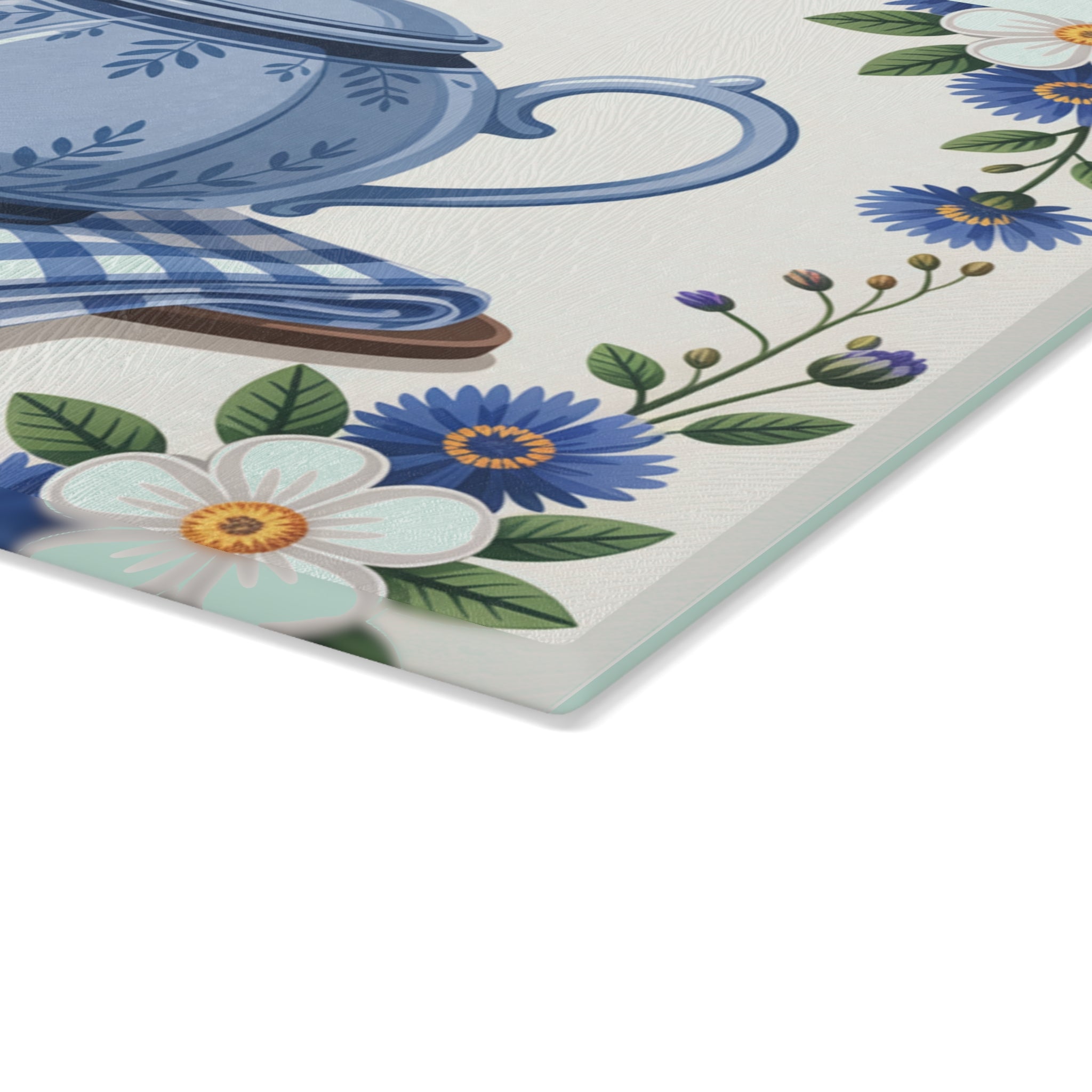 Blue Teapot Floral Pattern Glass Cutting Board | Kitchen Décor
