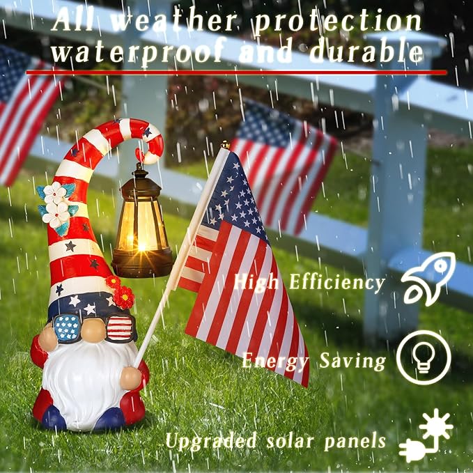 Patriotic 4th of July Solar Gnome Outdoor Figurine Light