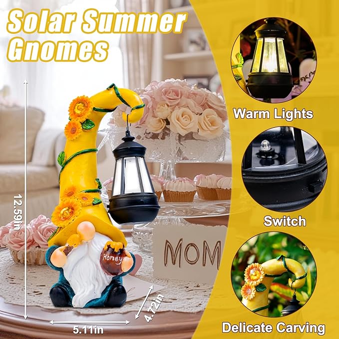 Solar Sunflower Gnome Garden Statue with LED Lantern